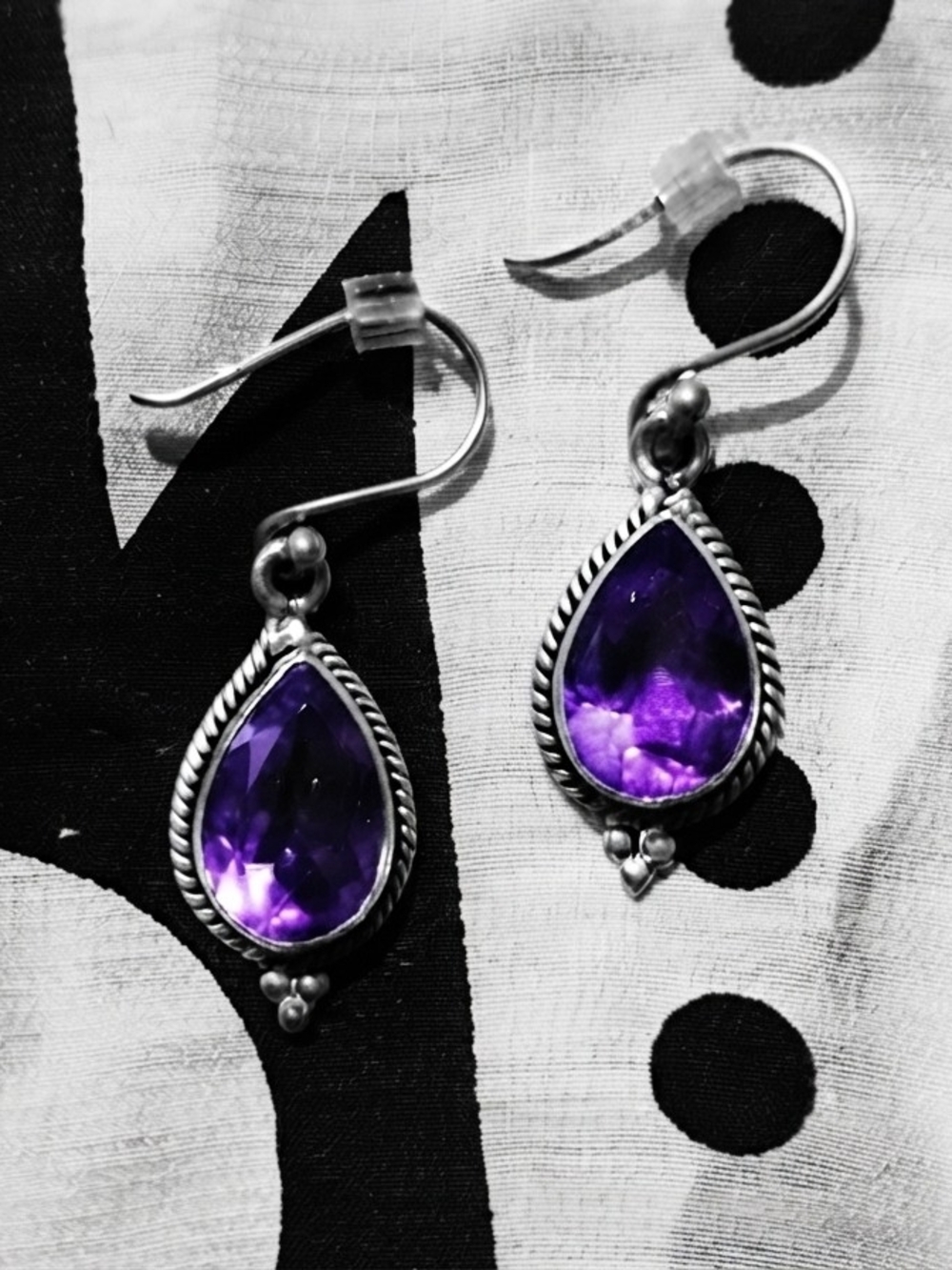 Vintage Sterling Silver Teardrop Purple Amethyst Dangle Earrings
